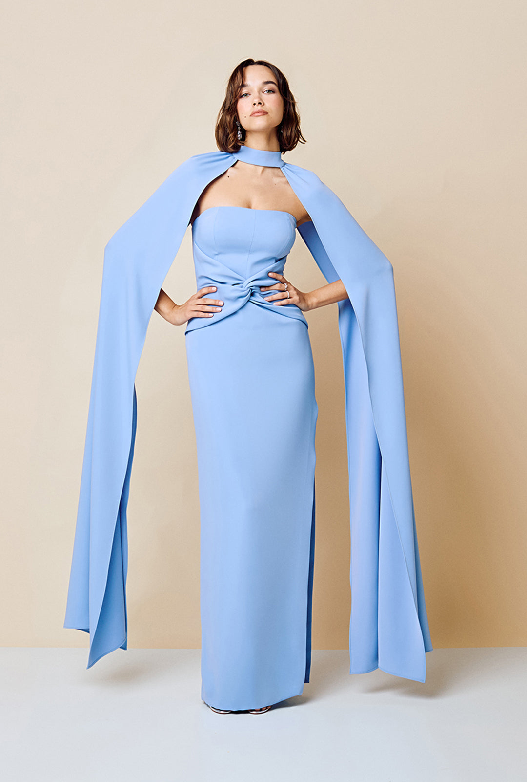 Strapless Crepe Long Dress with Knot Detail and Optional Cape
