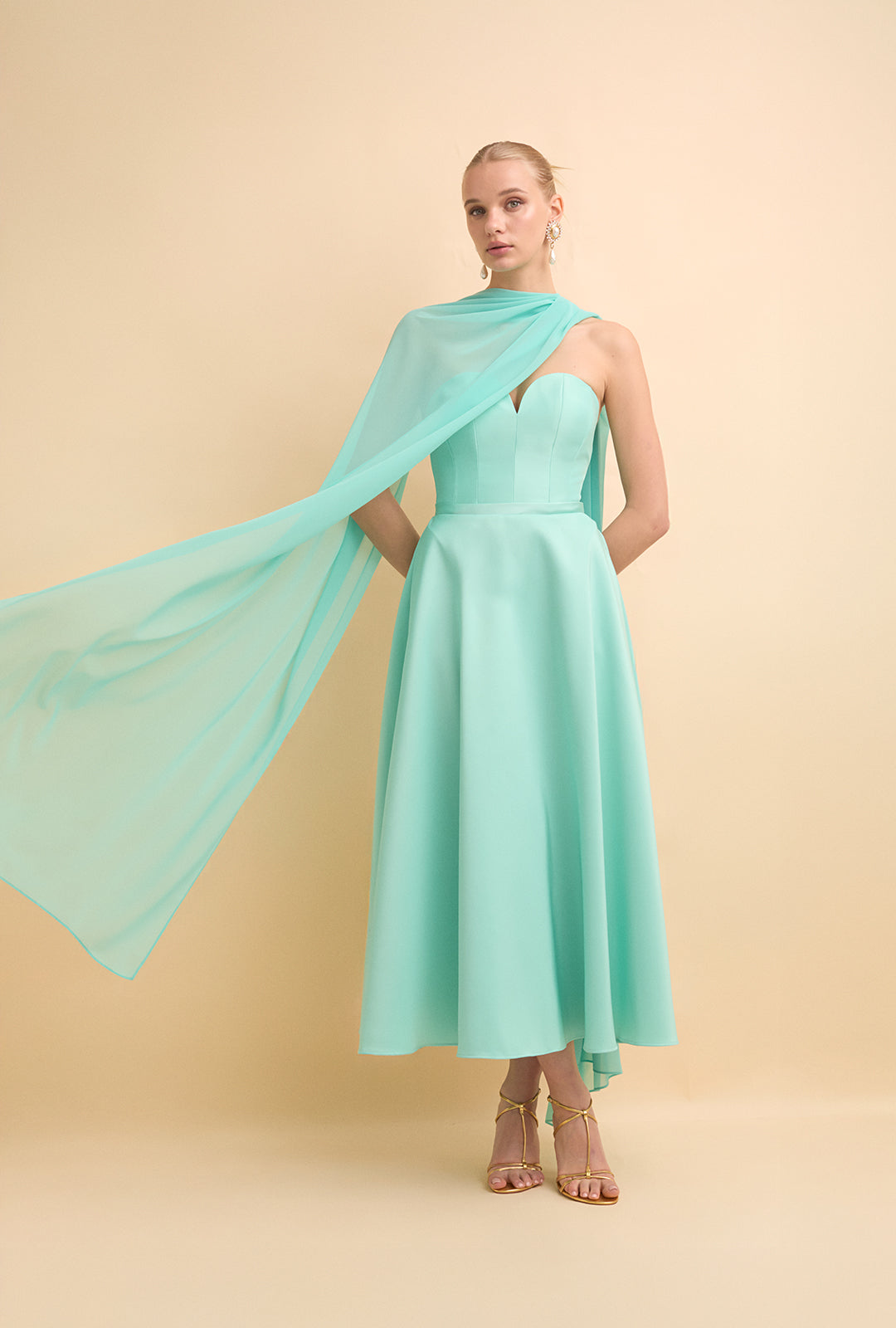 Off-Shoulder Structured Dress with Sheer Cape