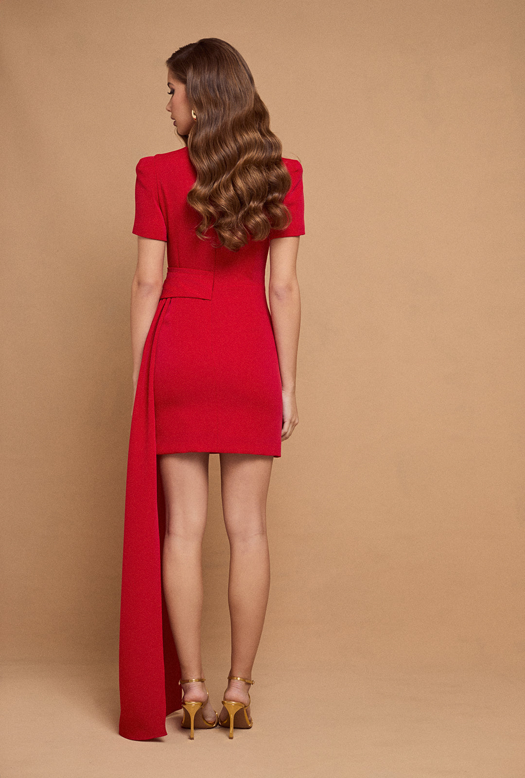 Short-Sleeve Crepe Dress with Side Tail