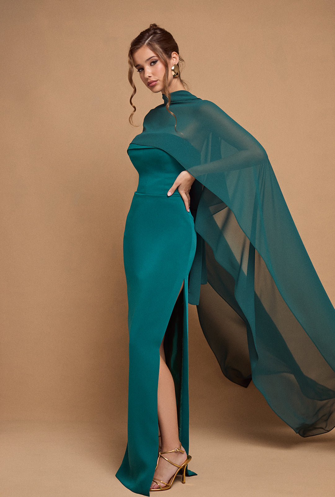 Long Bandeau Crepe Dress with Cape