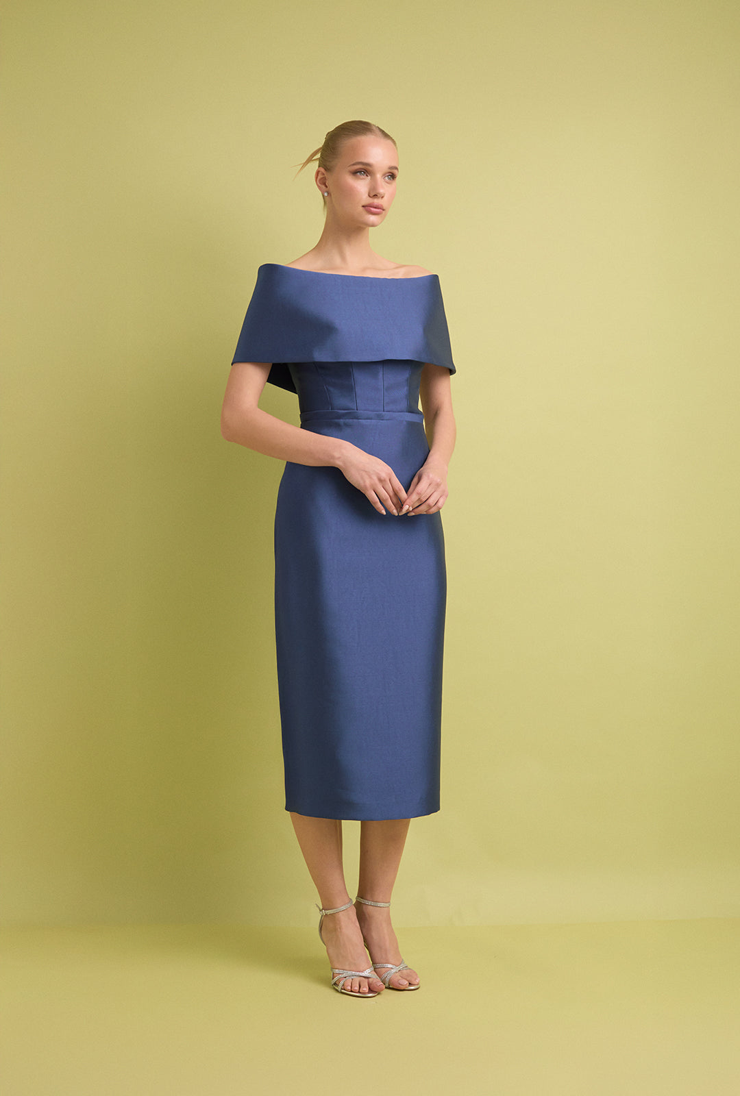 Midi Dress in Mikado with Off-Shoulder Neckline