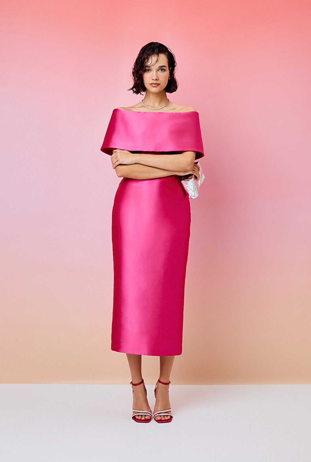 Midi Dress in Mikado with Off-Shoulder Neckline