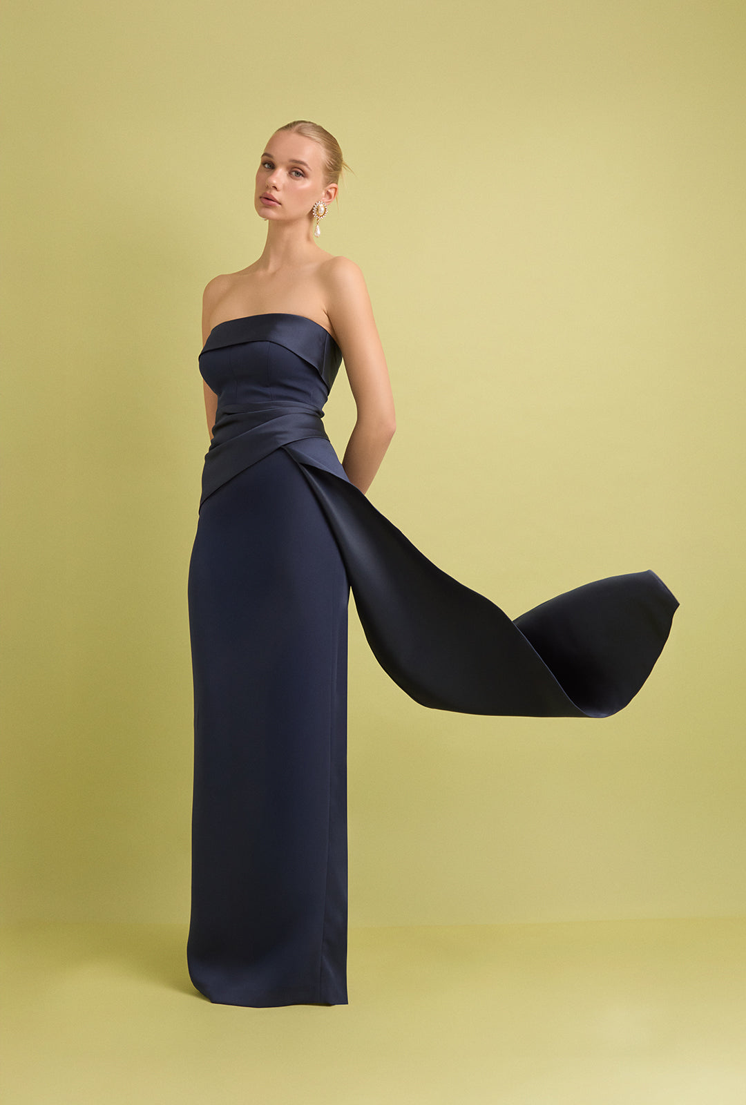 Long Crepe Dress with Draped Waist and Long Side Tail