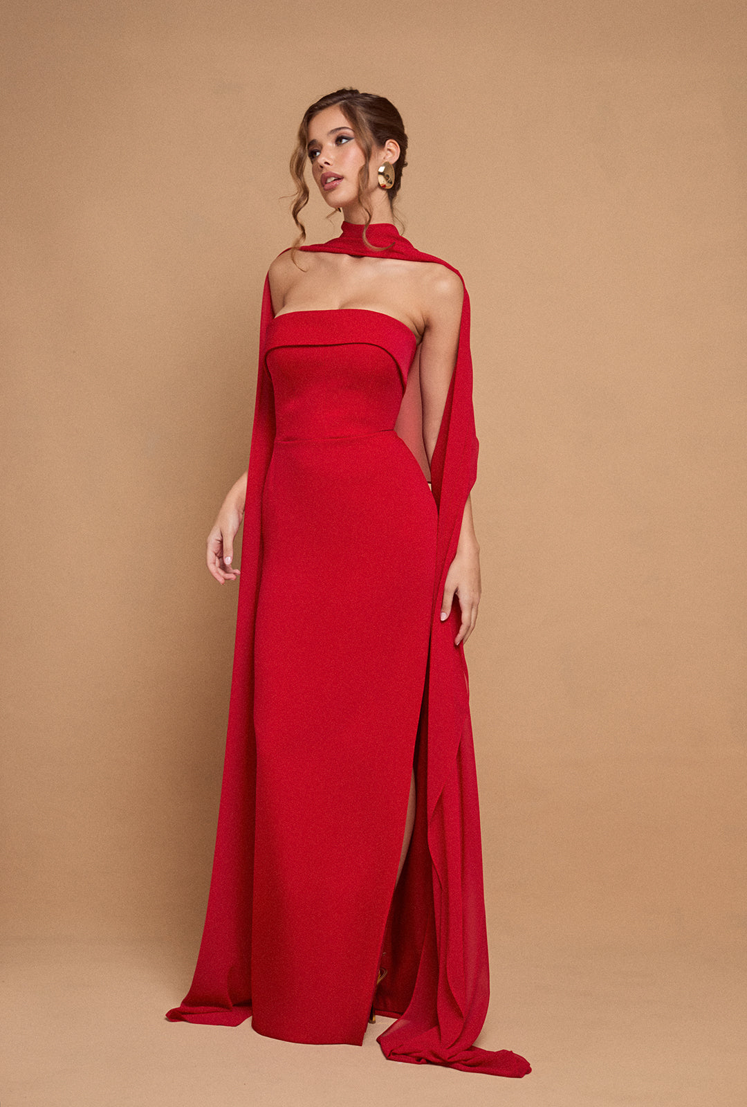 Long Bandeau Crepe Dress with Cape