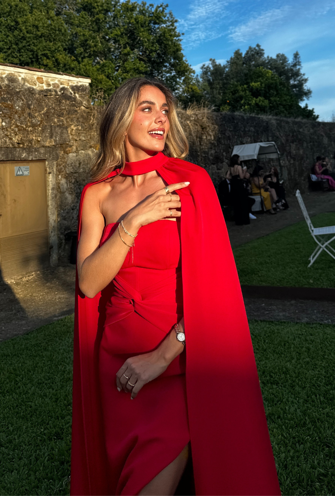 Strapless Crepe Long Dress with Knot Detail and Optional Cape