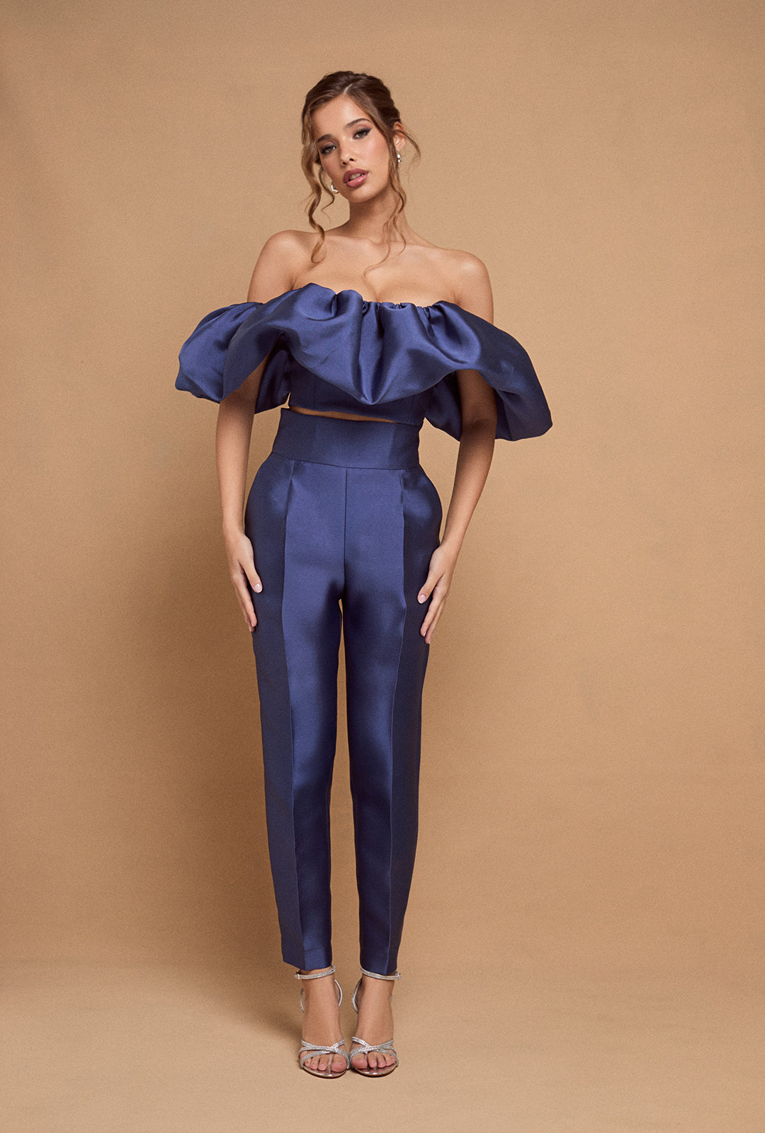 High-Waisted Structured Mikado Trousers