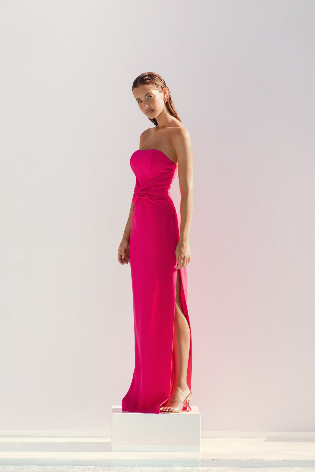 Strapless Crepe Long Dress with Knot Detail and Optional Cape