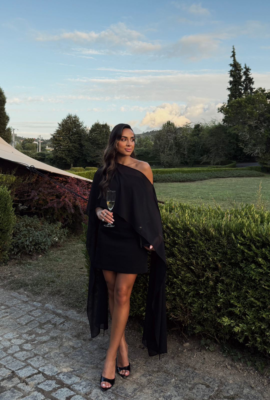 One Shoulder Mini Dress with Long Cape