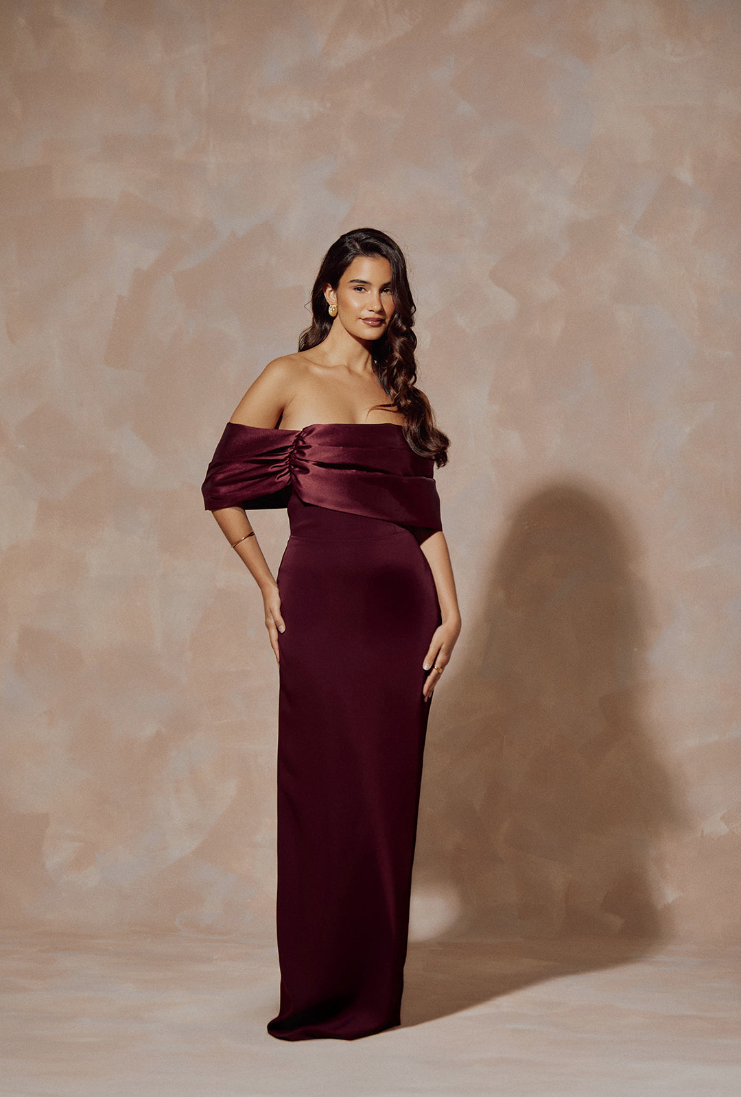 Long Burgundy Crepe Dress with Mikado Off-Shoulder Detail