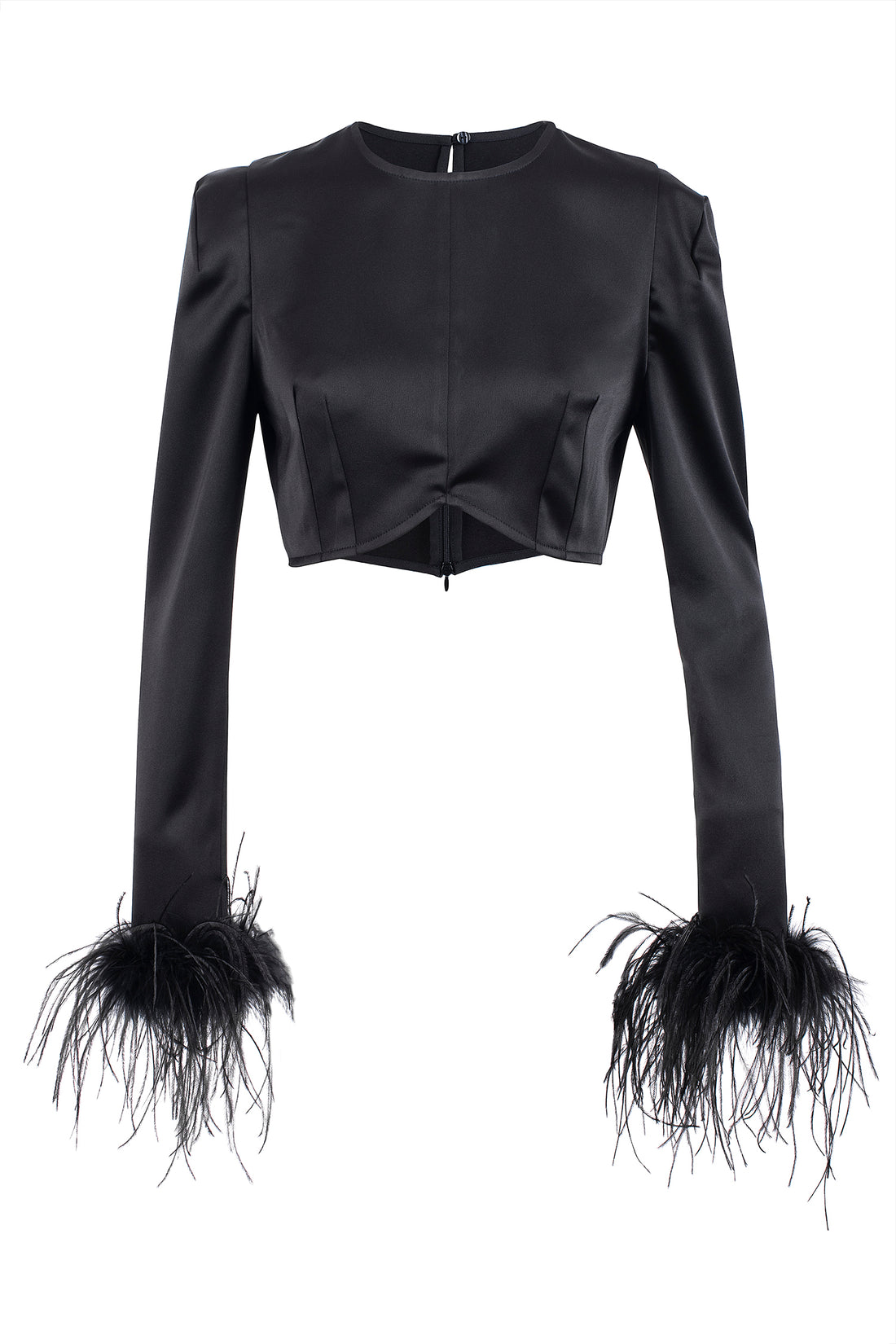 Satin Crop Top with Feather Cuffs