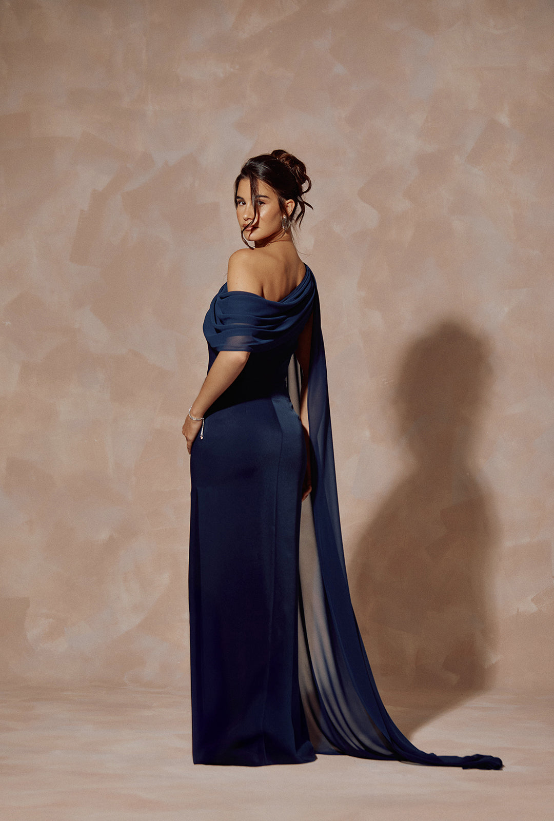 one shoulder navy blue dress One-Shoulder Crepe Long with Draped Detail date nights tie bows Size:5-6 Year Long Macy's Formal Dresses