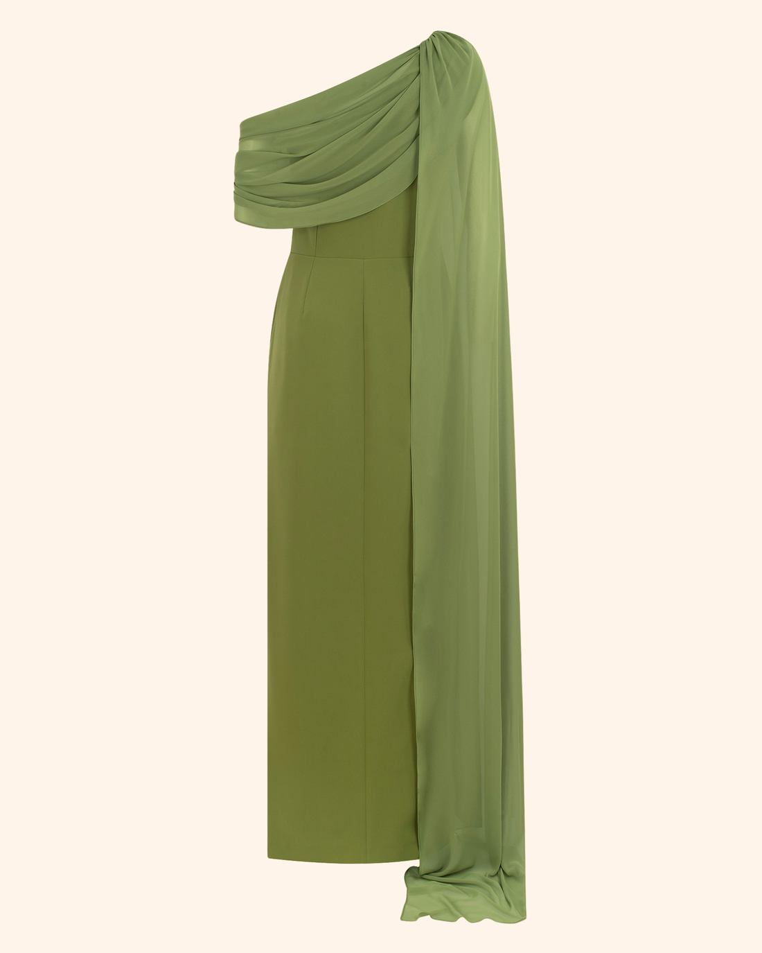One-Shoulder Pistachio Crepe Long Dress with Draped Detail