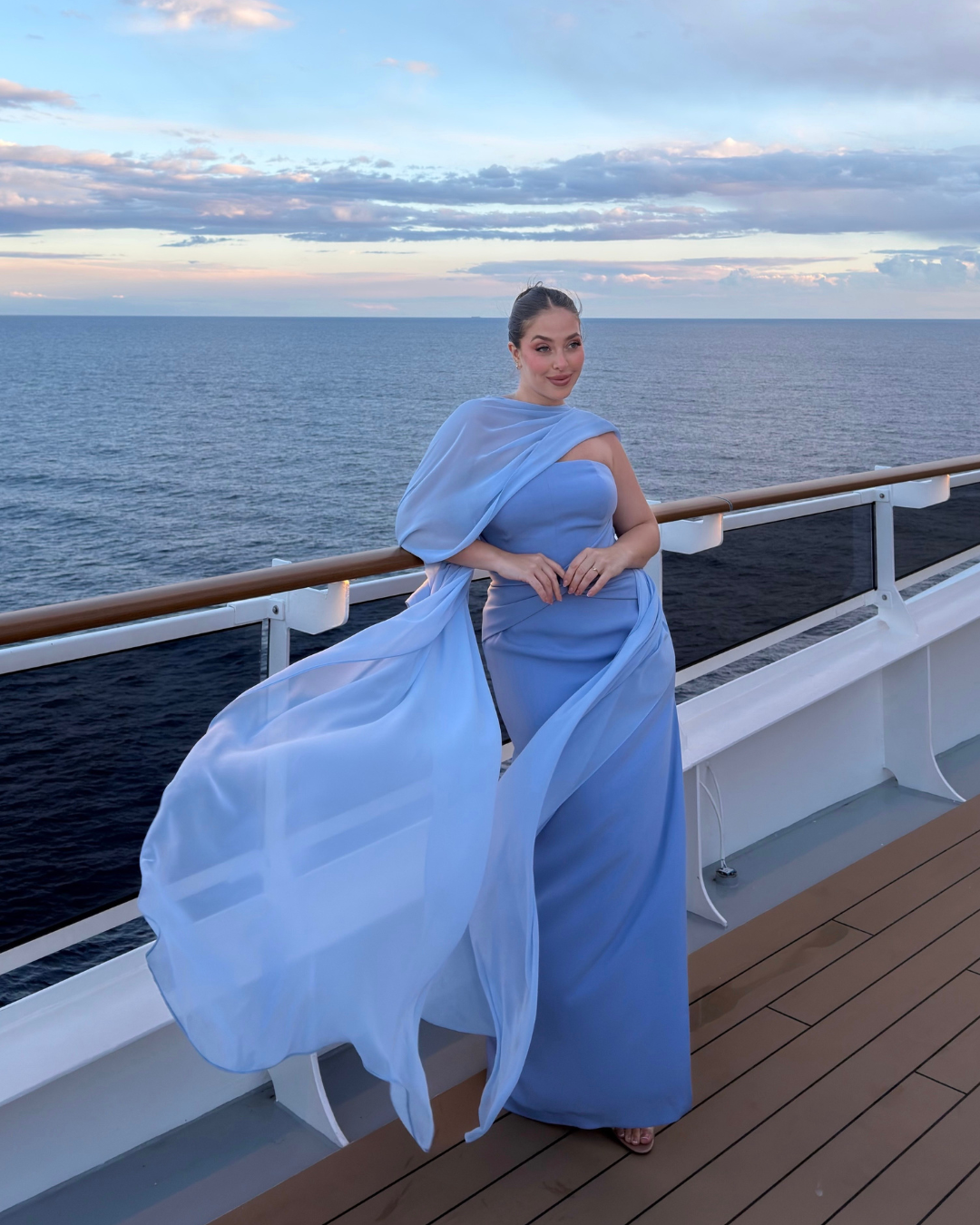 Strapless Crepe Long Dress with Knot Detail and Optional Flowy Cape