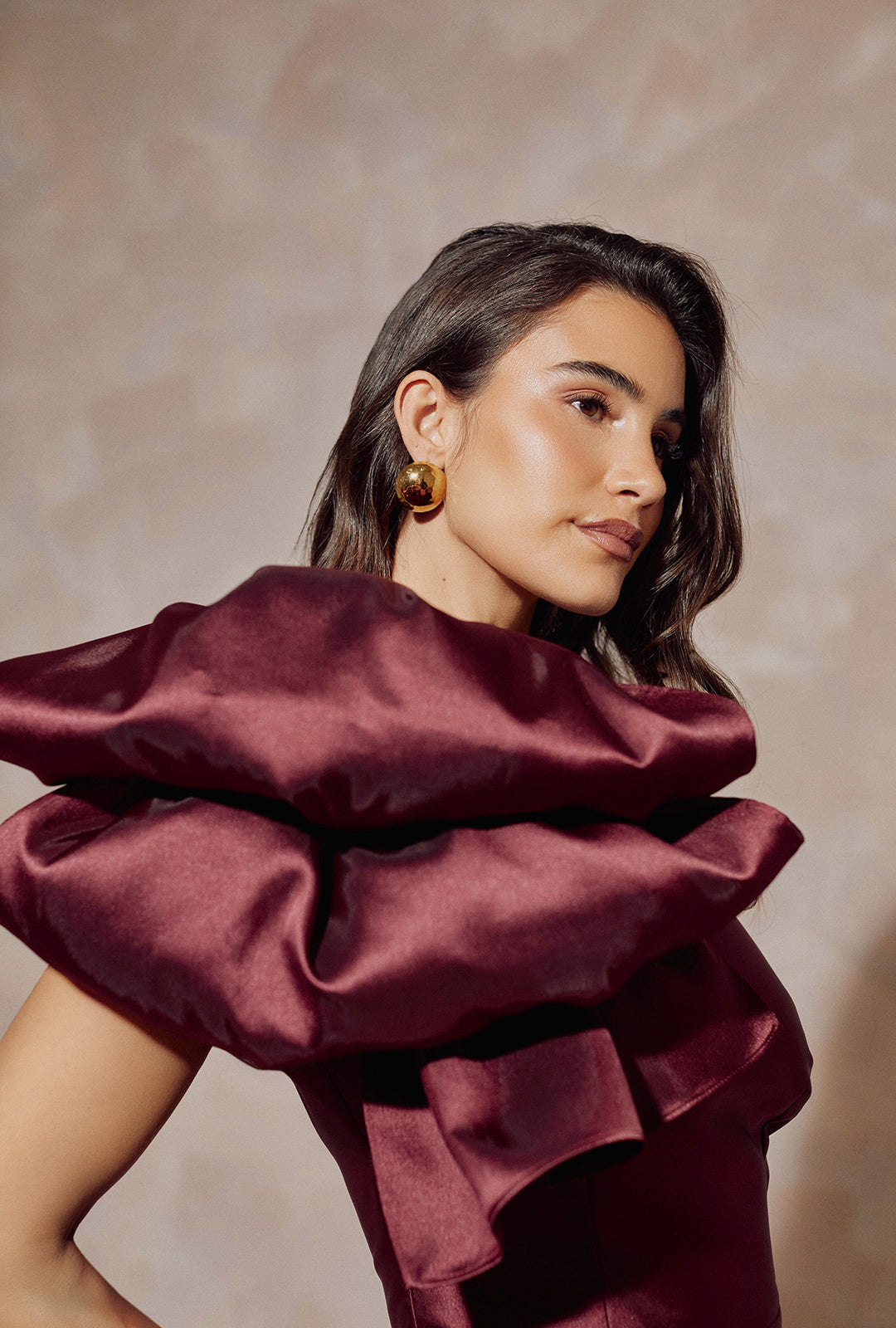 Midi Mikado Dress with Ruffle Detail at the Shoulder