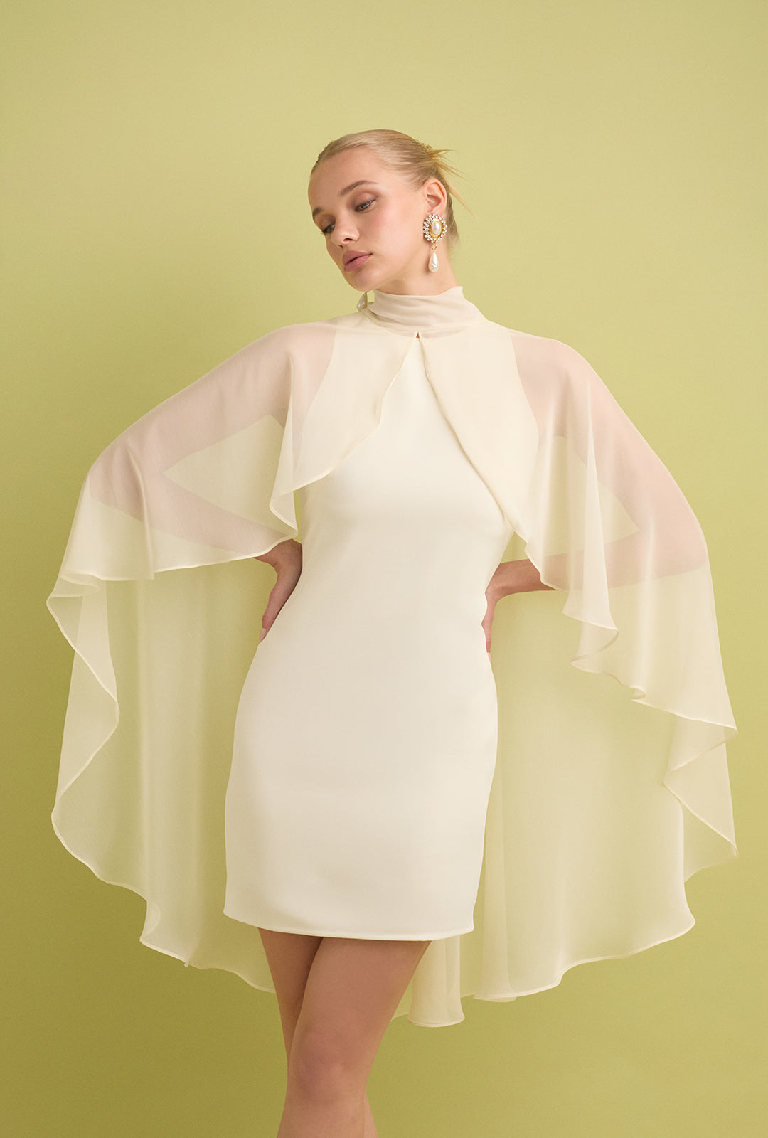 Mini Crepe Dress with Sheer Cape