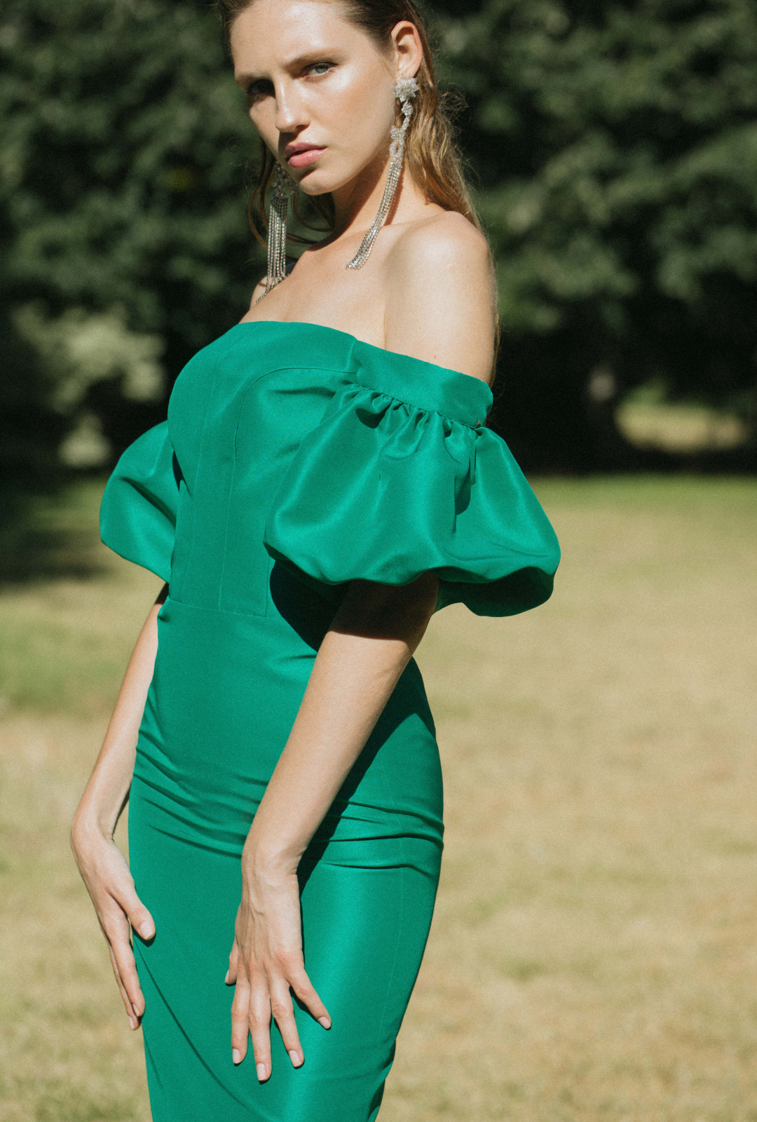 Midi Dress with Off-Shoulder Design and Voluminous Sleeves