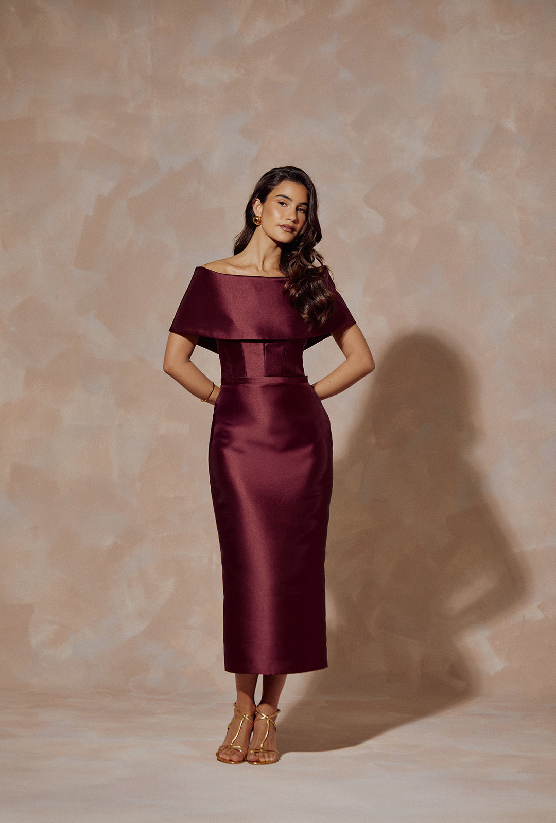 Midi Dress in Mikado with Off-Shoulder Neckline