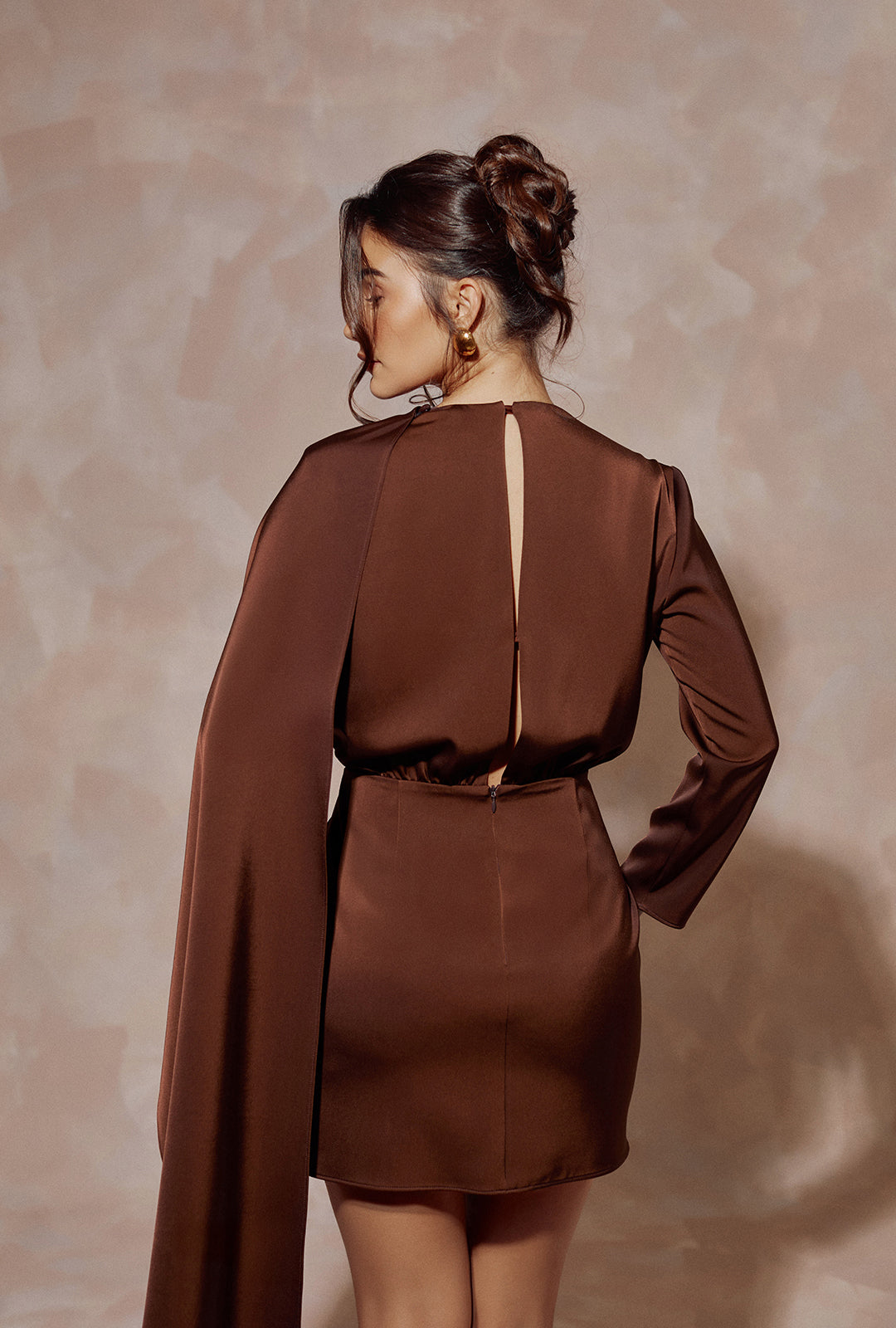 Satin Brown Mini Dress with Draped Scarf Detail