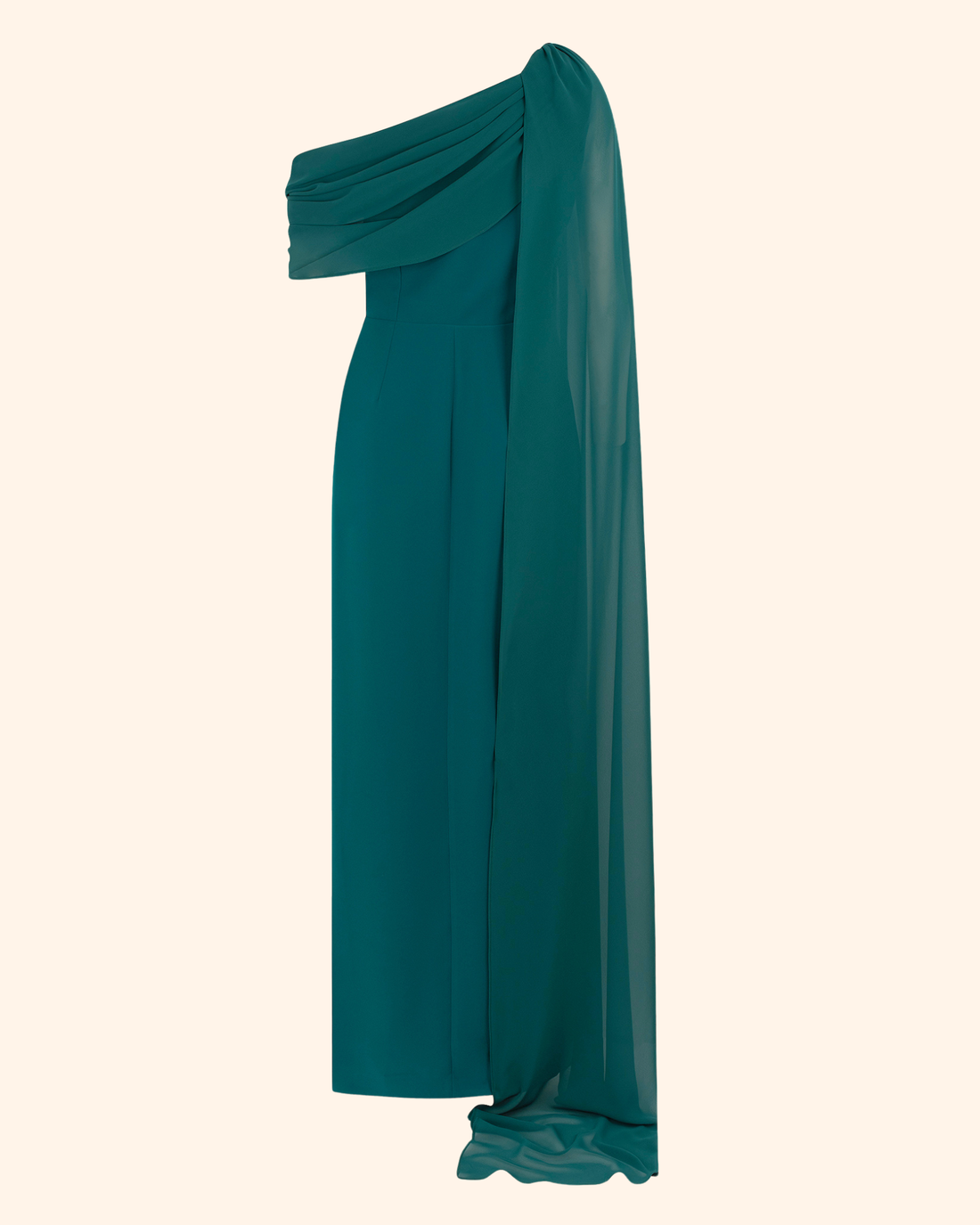 One-Shoulder Green Crepe Long Dress with Draped Detail