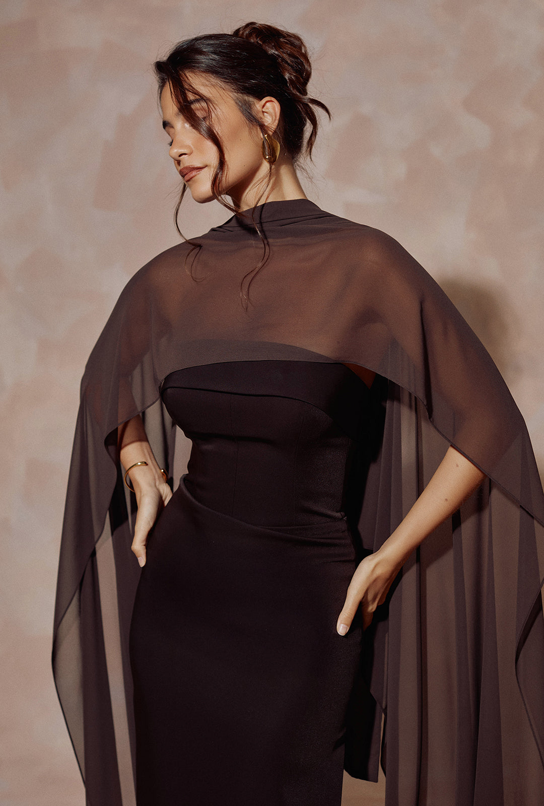 Long Bandeau Crepe Dress with Cape