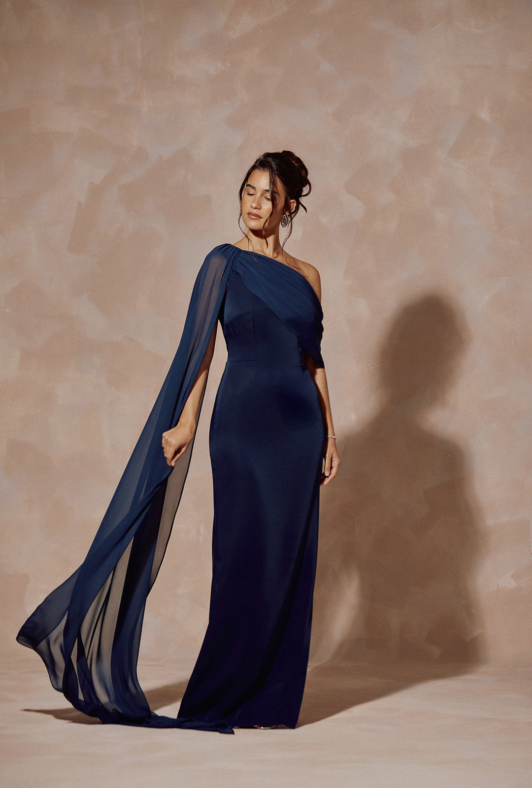 One-Shoulder Crepe Long Dress with Draped Detail