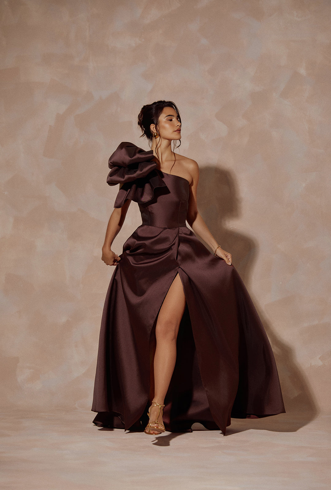 One-Shoulder Brown Dress with Sculptural Ruffle and Front Slit