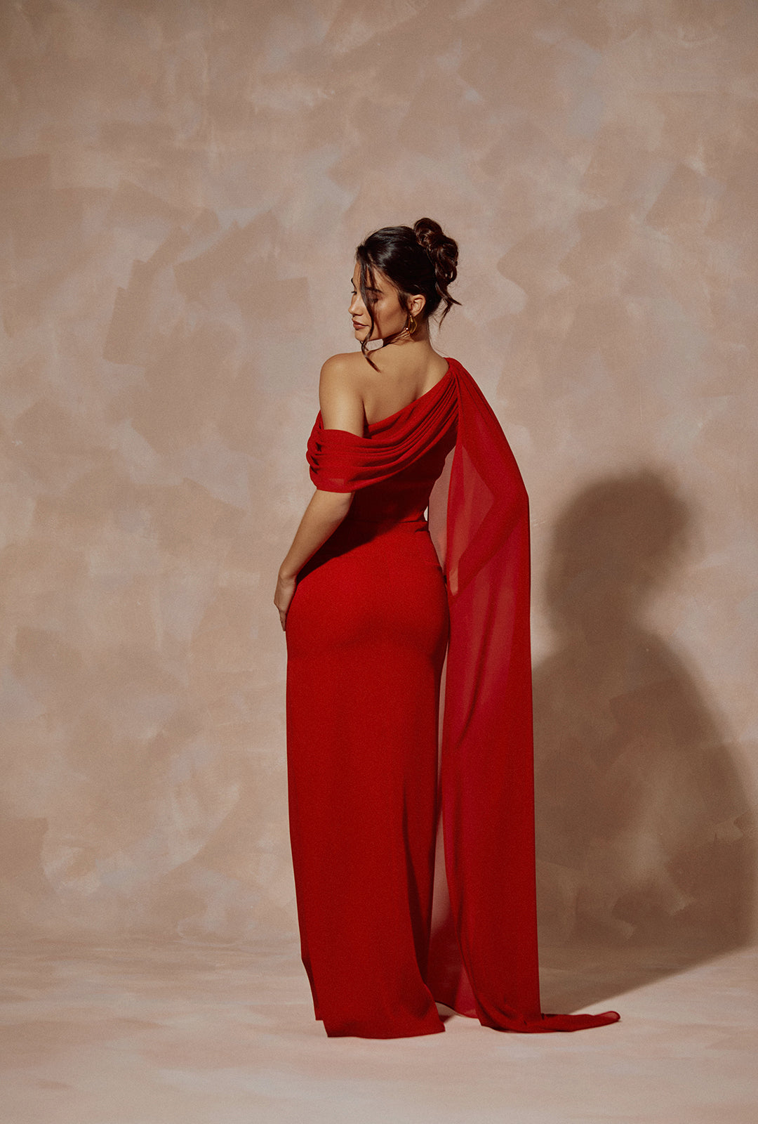 One-Shoulder Crepe Long Dress with Draped Detail