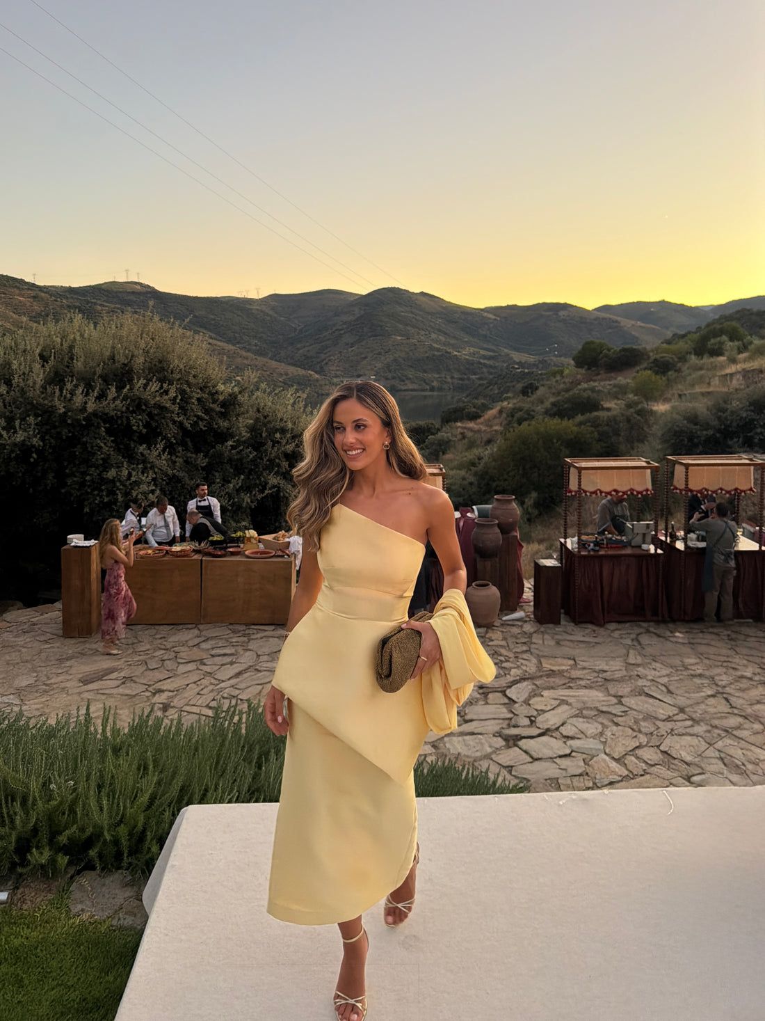 Asymmetric Mikado Butter Yellow Midi Dress with Chiffon Cape