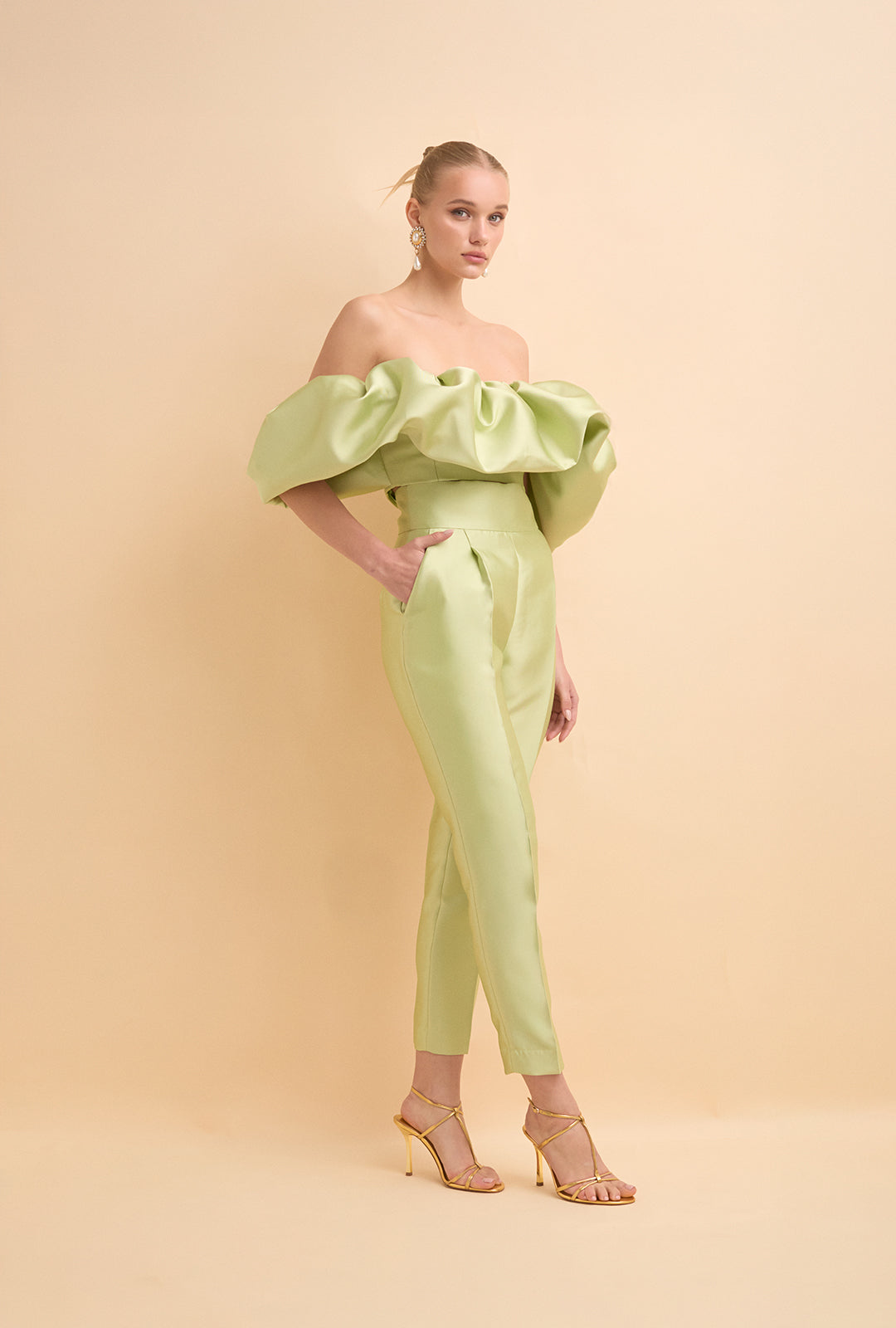 High-Waisted Structured Mikado Trousers